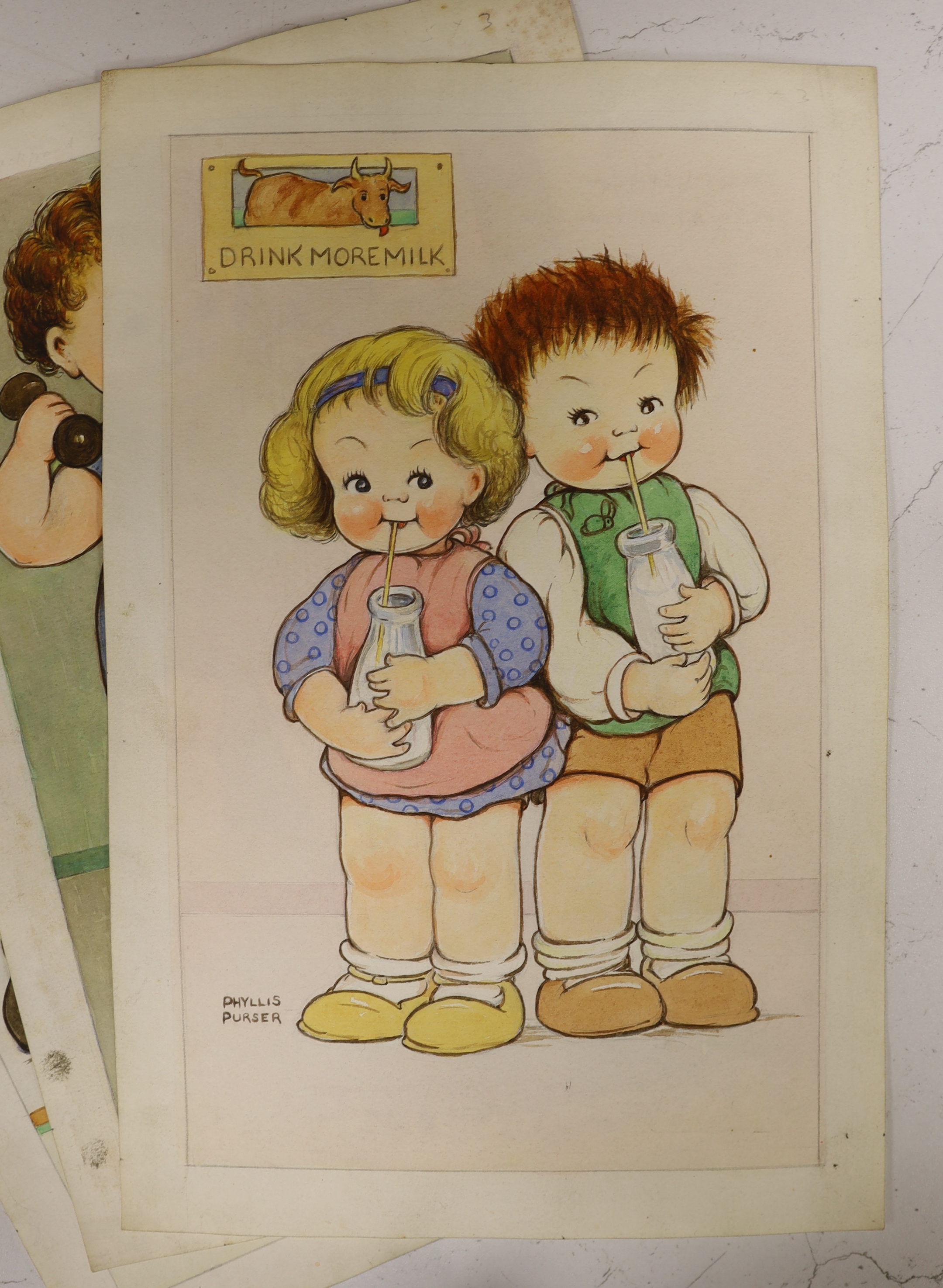 Phyllis Purser (1893-1990), set of six 1940/50’s original watercolour postcard designs, Humorous children, ‘Keep Fit Series’, each signed, 33 x 22cm, unframed (6)